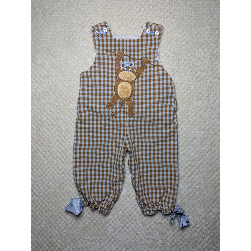 Bailey Boys Girls Brown Gingham Monkey Appliqué Longall